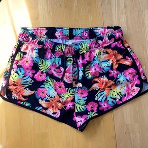 Venus Active Short Large Black w/Pink Floral Pattern, Drawstring Elastic Waist.